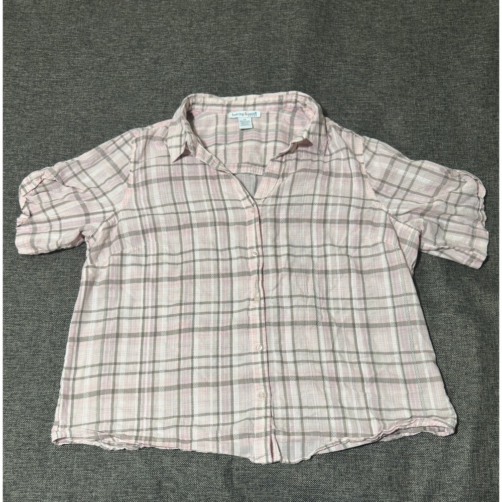 Hasting & Smith Women's 2X Button Up Shirt Pink Plaid Short Sleeve Cotton